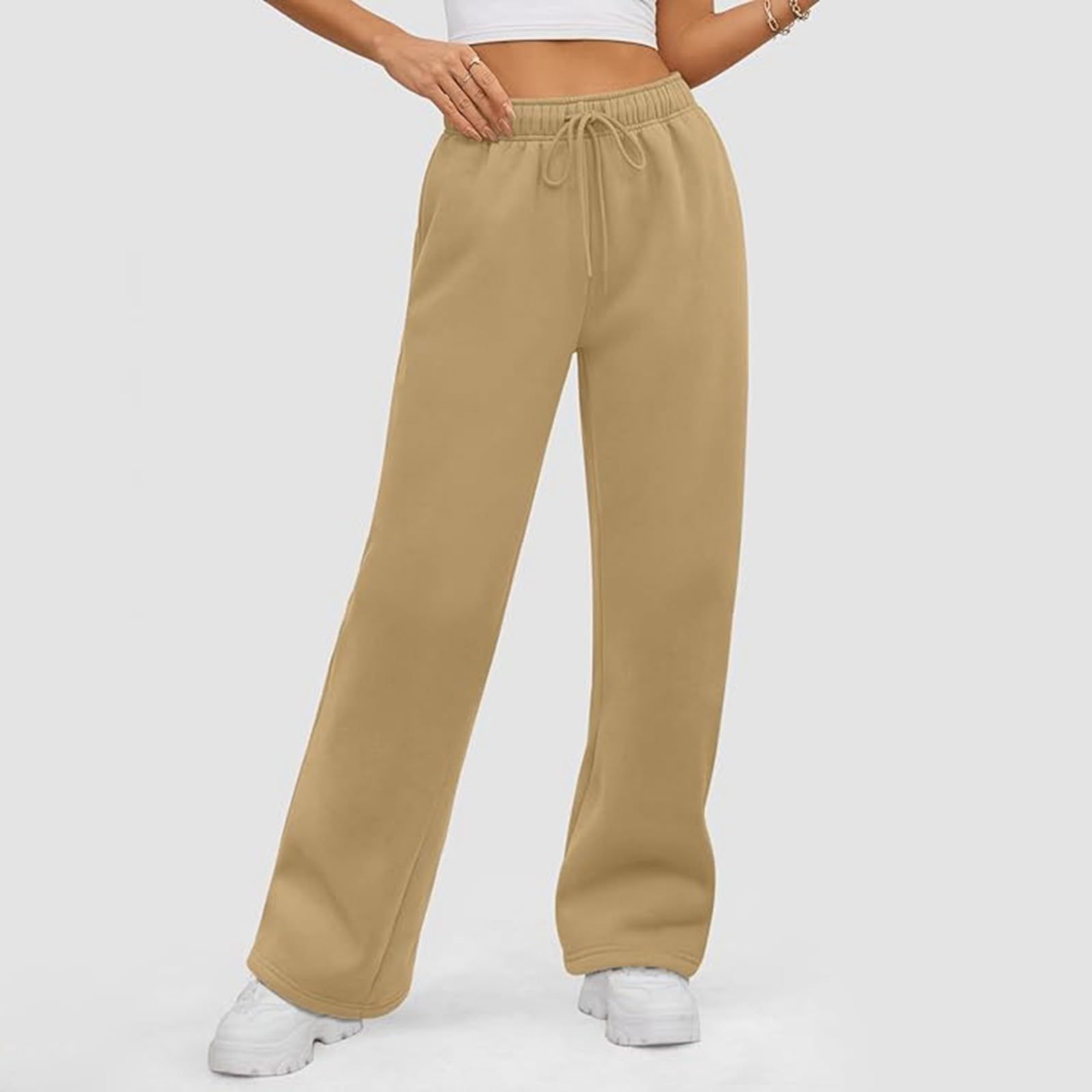 Wide Leg Sweatpants for Women 2025 Baggy Athletic Pants Drawstring Waisted Loose Running Sport Trousers with Pockets Khaki XXL