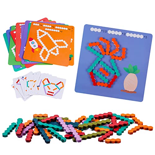 LIKEE Wooden Pattern Blocks Animals Jigsaw Puzzle Sorting and Stacking Games Montessori Educational Math Toys for Toddlers Kids Boys Girls Age 3+ Years Old (24 Cards & 55 Wooden Strips)