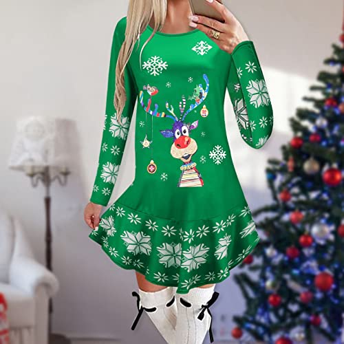 Kwatieh Dames Kerst Jurken Gedrukt Ronde Hals Lange Mouw Herfst en Winter Jurken Sexy Casual Korte Rok Bodycon Winter - Afbeelding 3