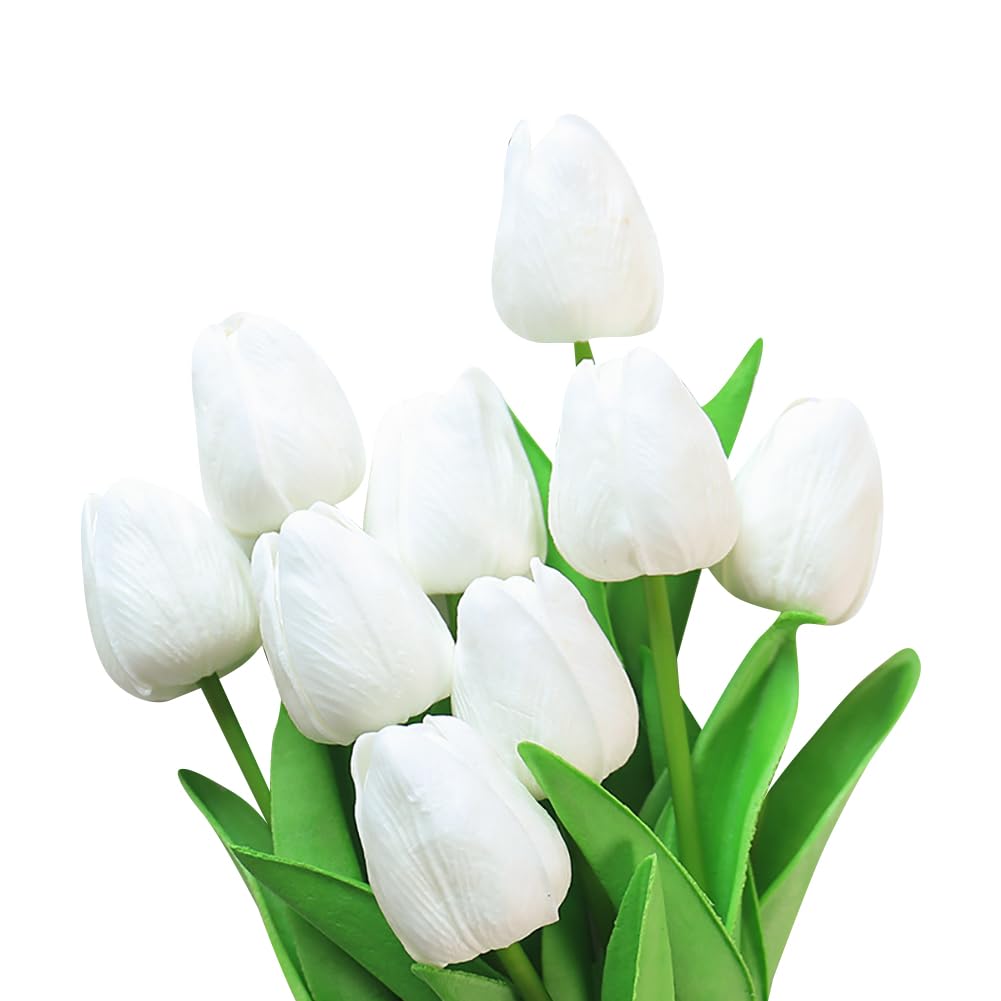 Hugede White 10 Pcs 34Cm Artificial Tulips Flowers Faux Realistic Tulips Real Touch Tulips Decorative Fake Tulips Tulips Bouquet Arrangements For Wedding