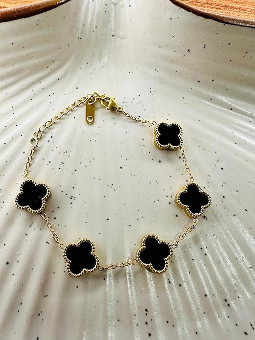 Image of STYOLLO Four-Leaf Clover Anti Tarnish Bracelet for Women & Girls Stylish | Elegant Gold-Plated Lucky Charm Jewelry | Aesthetic Enamel Design Adjustable Chain Bracelet for Daily, Gifting & Festive