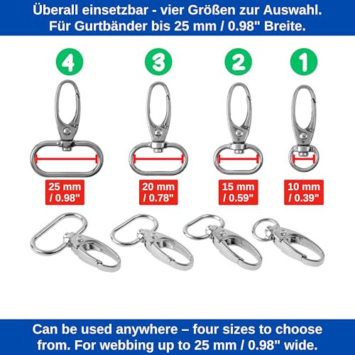 Karabinerhaken mit Drehverschluss, 12 Stück, 10 mm D-Ring mit Karabiner Haken, Taschenkarabiner 360° Grad drehbarem Ösenring, Metall Gurtschnalle mit Haken zum Basteln, Tragegurt Karabinerverschluss