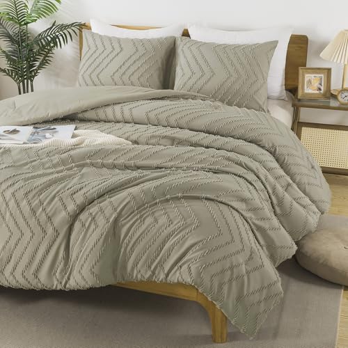Image of Andency Oatmeal Comforter Set Queen Size, Boho Soft Warm Tufted Bedding Comforter Sets for Queen Size Bed, 3 Pieces Aesthetic Chevron Farmhouse Cute Bohemian Textured Bed Set
