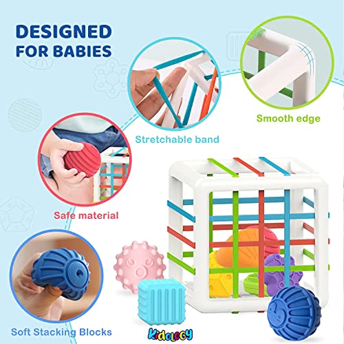 Image of Kidology Baby Shape Sorting Toy | Montessori Sensory Toys with 6 Pcs Blocks Colorful Cube for Kids | Shape Sorting Bin with Elastic Bands Fine Motor Skill Early Learning Preschool Educational Blocks