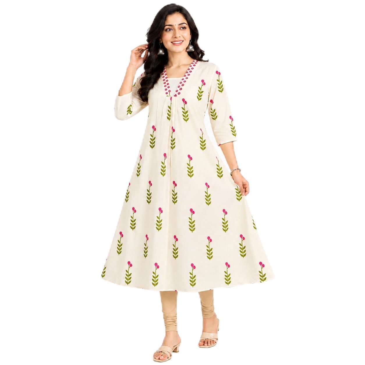 Pink Blossom Printed Cotton A-Line Kurti with Mirror Work V Neck with Lining | Pleated Front Ethnic Kurta for Women | Off White–Pink-picture-42