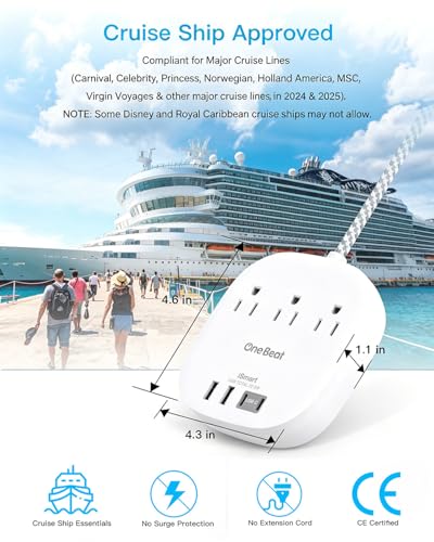 Image of Cruise Ship Travel Essentials, 22.5W /4.5A Flat Plug Power Strip, 1Ft Short Extension Cord, 3 Outlets 4 USB Ports (2 USB C) Cruise Approved Power Strip No Surge Protection, Desktop Charging Station