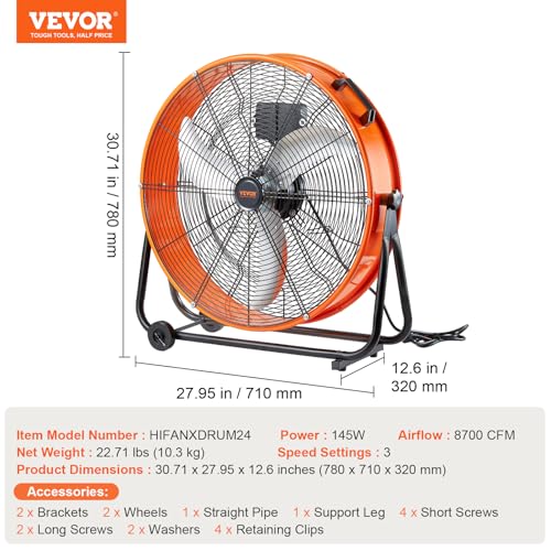 Image of VEVOR 24 inch Industrial Drum Fan, 8700 CFM High Velocity Floor Fan with 3-Speed Control, 360 Tilt & 0-2h Timer for Warehouse, Workshop, Factory, Basement