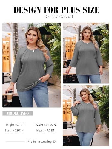 Image of Chulianyouhuo Womens Plus Size Tops 3 /4 Sleeve Casual T Shirts | Crew Neck, Pleated Blouse Tee, Dressy Casual Shirts, Loose Fit Tunic Tops, Soft Fabric, Going Out Outfits