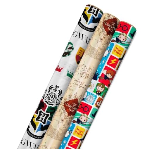Hallmark Harry Potter Wrapping Paper with Cut Lines on Reverse (3-Pack: 60 sq. ft. ttl; Marauder's Map, Hogwarts Crest) for Birthdays, Graduations, Christmas, Valentine's Day, tri-pack (0005EWR2958)