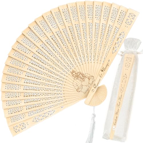 MaWeeTn Wedding Fans for Guests Bulk 100 Personalized Folding Hand Fans with Organza Bags, Custom Wooden Sandalwood Fan Gift for Party Favor Bridal Shower