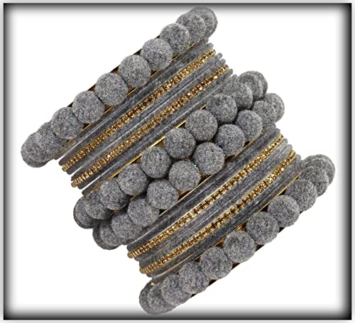 Image of NMII Stylish Metal with Golden Zircon Stone & Velvet Balls Bangles Set For Women and Girls | Fancy Designer Bangles | Short Velvet Chuda Set | Women's Fashion Jewellery