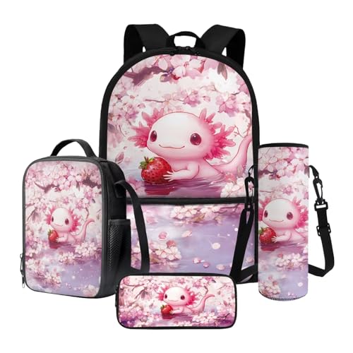 Suobstales Axolotl Strawberry Cherry Blossom Print Backpack for Girls Teen Kids 4 Pack School Bag with Lunch Box Pencil Case Water Bottle Sleeve Set Middle High School Bookbag Travel Daypack Satchel