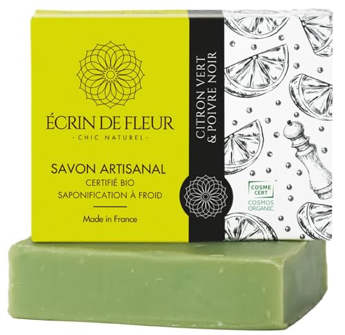 Écrin de Fleur - Savon Gourmand Rafraîchissant Citron Vert et Poivre Noir - Savon Bio Certifié Saponifié à Froid, 1x90g