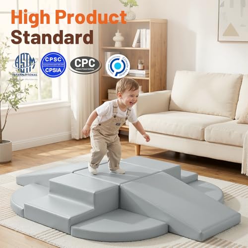 Image of TODIBY 9-Piece Climbing Toys for Toddlers: Soft PU Leather Foam Blocks - Baby Climb and Crawl Activity Blocks - Kids Play Gym Equipment Indoor for Development(Grey)