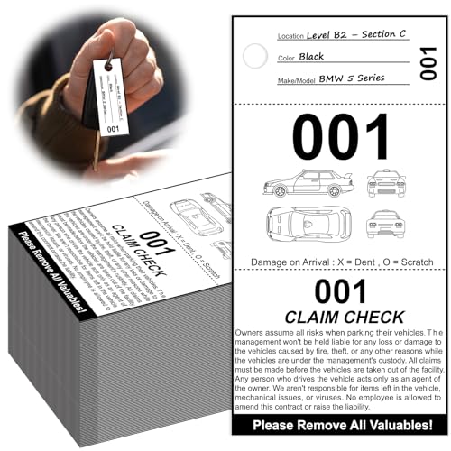 1000 Sheets 3 Part Valet Parking Tickets 1000 Count (000-999) Number Valet Tags Place Valet Tickets Claim Check Key Stub Ticket 2.83 X 5.5 Inch for Car Temporary Lot Business 230gsm Coated Paper