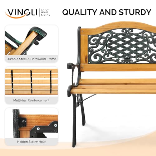 Image of VINGLI Classic Cast Iron & Teak Arched Back Rectangular Outdoor Bench, 3-Seater, 470 lbs Capacity, Easy Assembly, Weather Resistant, 49.5 inch W x 20.5 inch D x 29 inch H