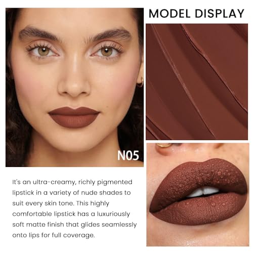 Image of evpct 1Pcs Dark Brown Lipstick, Silky Velvet Matte Lipstick Pack Sets for Women, Long Lasting Smudge Proof Lipstick Lip Stain Makeup Kit matte lipstick 24 hours original N05