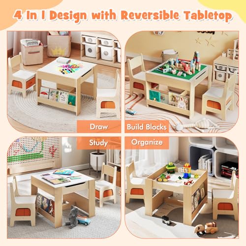 image for Costzon 4 in 1 Kids Table and Chairs, Wooden Toddler Activity Desk Set
