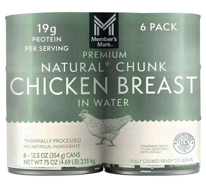 Premium Natural Chunk Chicken Breast in Water, 6 Cans (12.5 oz. each) | 19g Protein per Serving, Fully Cooked and Ready to Eat