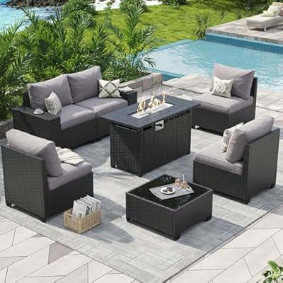 Aoxun Outdoor Patio Furniture Set with 44'' Fire Pit Table, 7 Pcs Outdoor Patio Furniture Sets with 4in Thicken Cushion, Widen Armrests Wicker Outdoor Sectional for Backyard (Waterproof Cover Include)
