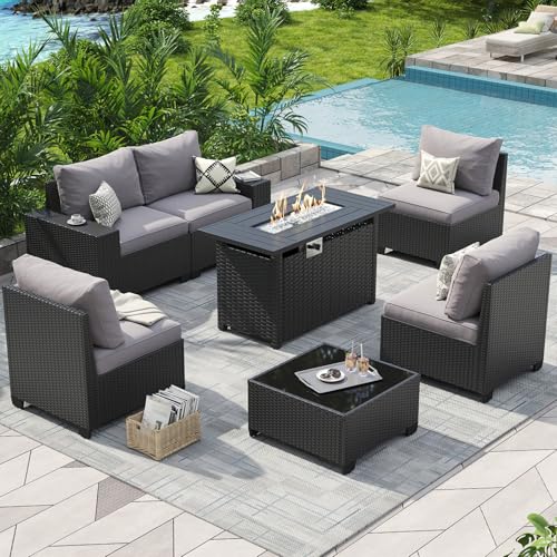 Aoxun Outdoor Patio Furniture Set with 44” Fire Pit Table, 7 Pcs Outdoor Patio Furniture Sets with 4in Thicken Cushion, Widen Armrests Wicker Outdoor Sectional for Backyard (Waterproof Cover Include)