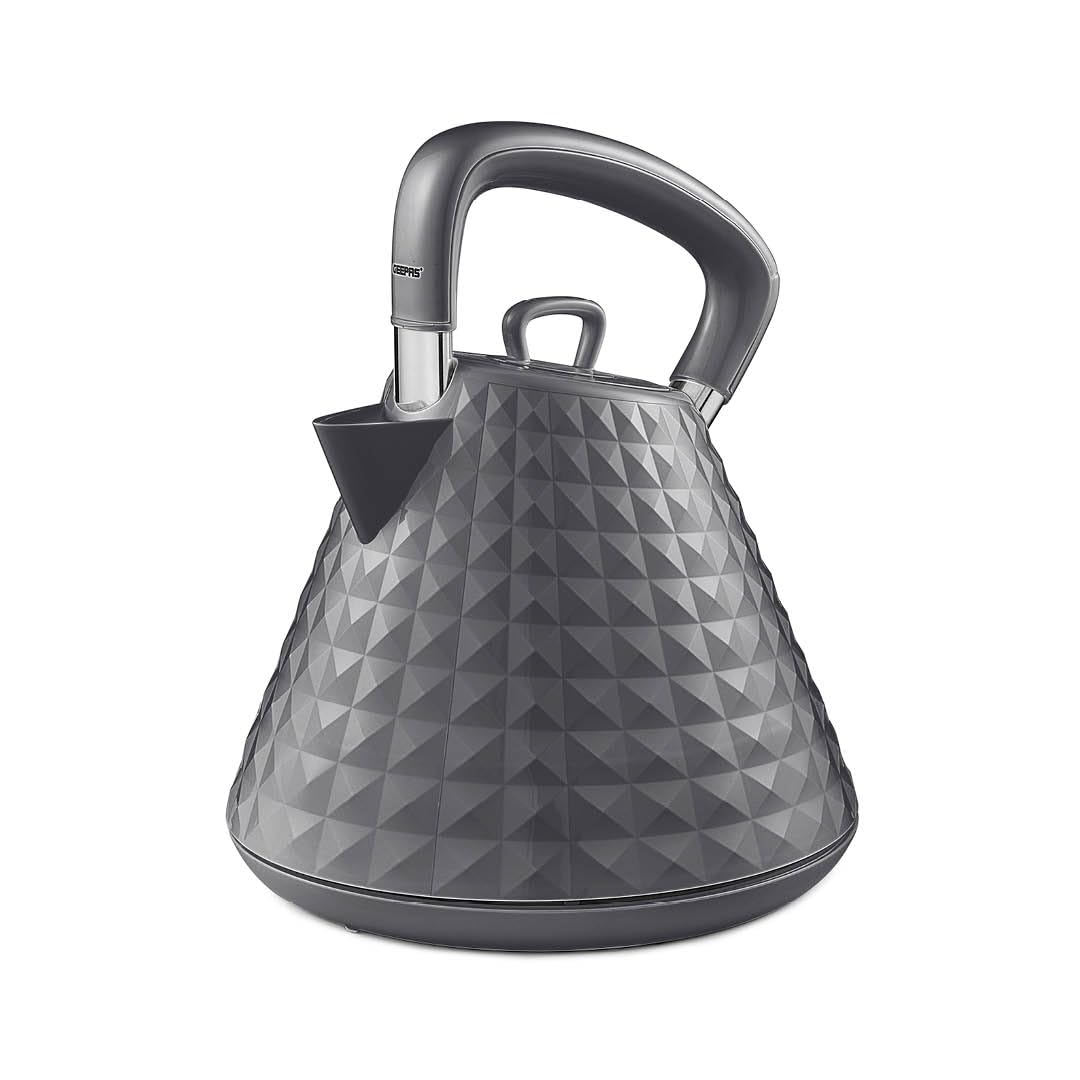 GEEPAS 1.5L Cordless Electric Kettle | Traditional Pyramid Kettle with 360° Rotational Base Strix Control Auto Shut Off & Boil Dry Sensor | Space Saving LED Indicator | 3000W Argyle Grey (Renewed)