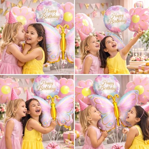 Image of Rozi Decoration Butterfly Theme Happy Birthday Foil Balloon Set with Flower Balloons for Kids Birthday Party Decoration, Pastel Pink Gold Party Decor for Girls Home Celebration