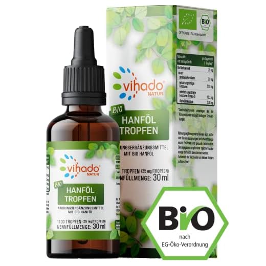 Vihado Natur Bio Hanföl Keto Tropfen aus Hanfsamenöl hochdosiert - Omega 3 Öl vegan - 100% rein und kaltgepresst, 30 ml (1100 Tropfen)
