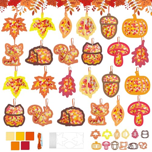24 Stück Fensterbilder Herbst Bastelset Herbst Basteln Kinder Set DIY Bastelset Blätter Fensterbilder Herbst Kinder Selber Machen mit 24 Fensterbilder 10 PET-Aufkleber 5 Farben Konfetti und 1 Schnur
