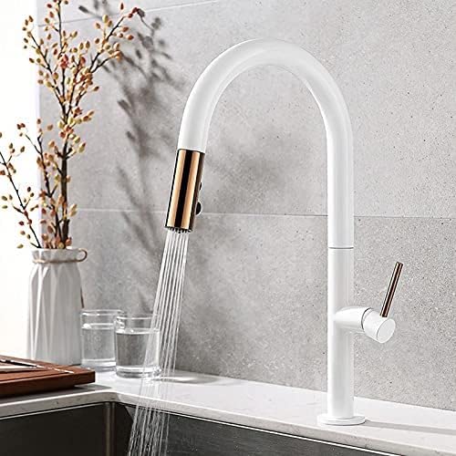 Robinet de cuisine extractible mitigeur blanc et or rose rotatif 360