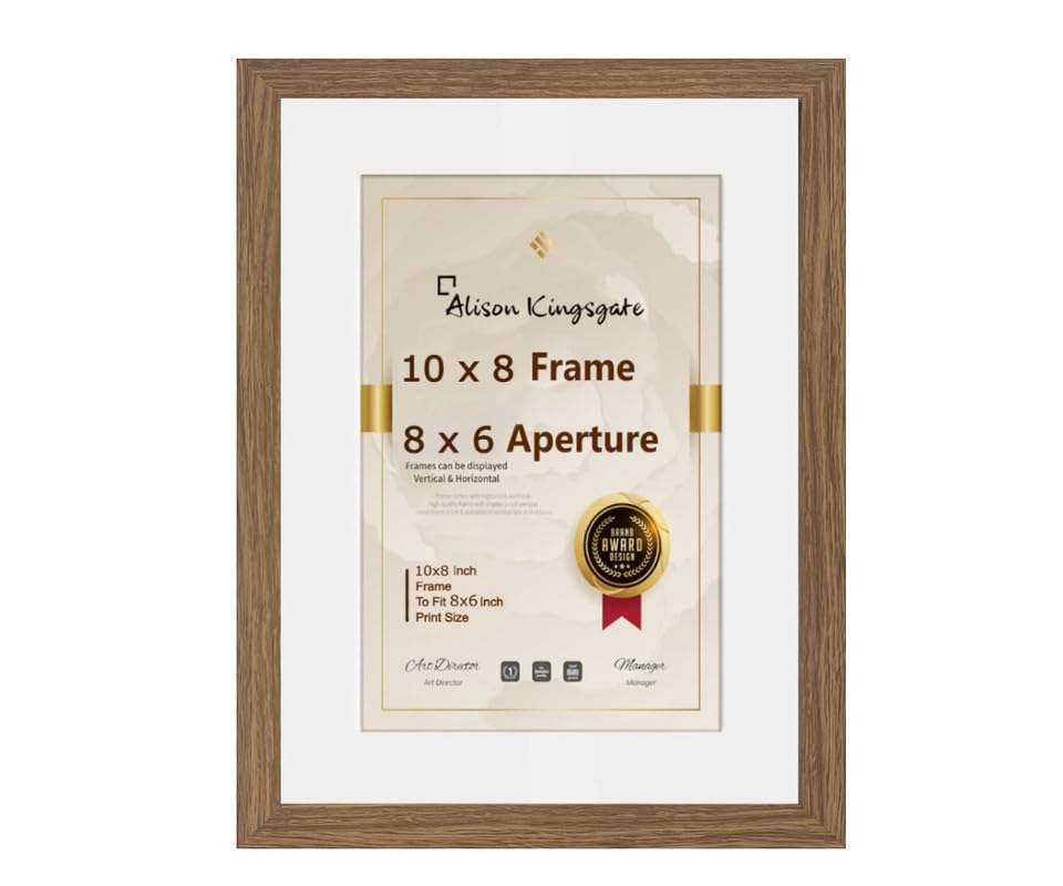 Alison Kingsgate 10x8 Oak Picture Frames with Mount for 8x6 Photo - Engineered Wood Photo Frame with Precision Cut Cardboard Mount - Ideal for Posters - Sizes & Colours Available