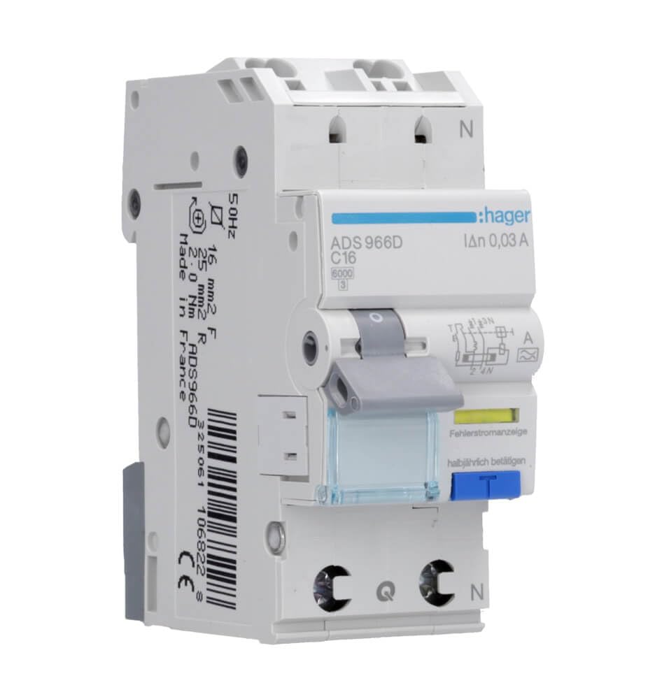 Hager Interrupteur FI/LS HAGADS966D, 16A 1P et NC, 0,03 m
