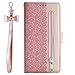 Jorisa Coque Portefeuille Compatible avec iPhone 12/iPhone 12 Pro 6.1 Pouce,Motif Fleurs Dentelle Étui Cuir Pochette Fermeture Éclair Housse Magnétique Rabat avec Porte-Carte Dragonne Support,Or Rose