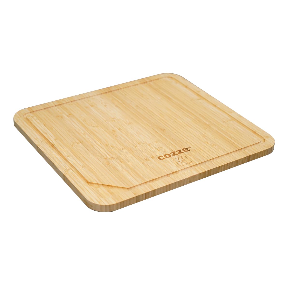 Cozze® XL Bambus-Schneidebrett 49 x 54 x 2 cm – Wendbar mit Saftrille & glatter Seite, großes Servierbrett für Pizza & Grill, Bambus Holz, LFGB, FSC-Karton