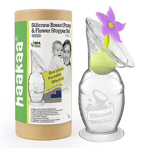 Image of haakaa Manual Breast Pump Hand Pump Milk Pump Breast Milk Collector with Suction Base and Flower Stopper 100% Food Grade Silicone BPA Free (5oz/150ml) (Purple)