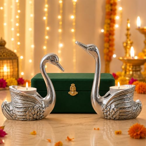 Image of 999 Silver Plated Swan Pair Idol: Vastu-Compliant Home Decor & Candle Holders | Swans for Good Luck and Love | Candle Holder for Home Decor Tabletop Living Room | Showpiece for Gifting
