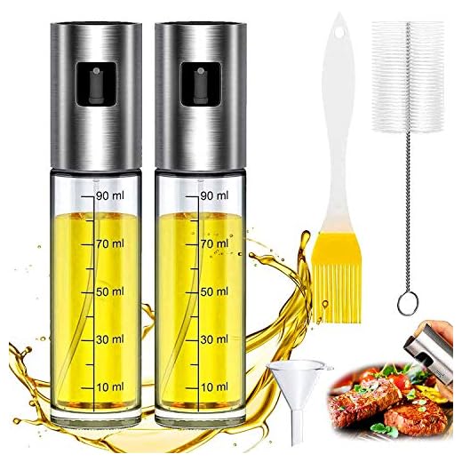 WELLXUNK® Pulverizador de Aceite, Dispensador de Aceite de Oliva, Spray Aceite Cocina 100ML - Con Cepillo de Barbacoa, Cepillo de Limpieza y Embudo, para Cocinar/Ensalada/Hornear Pan/BBQ (Doble)