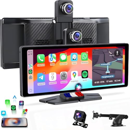 Écran CarPlay Voiture & Android Auto sans Fil 10,26″ IPS – Dashcam 4K + Caméra Recul 1080p – Autoradio Bluetooth FM AUX – Plug & Play USB-C, Carte 64...