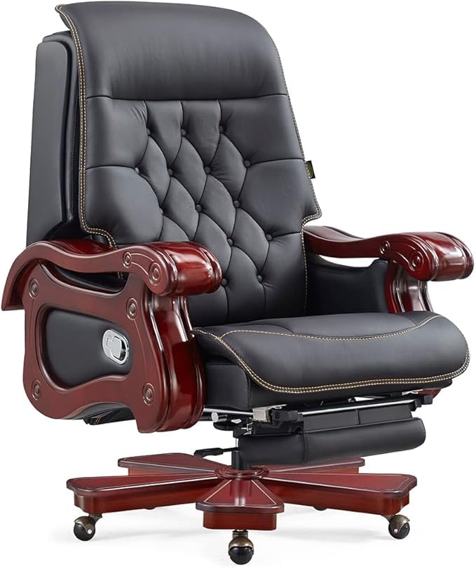 Image of Lakdi The Furniture High Back Director & Executive Chair for Office Made in Solid Wood with Leatherette Upholstery & Recliner and Foot Rest with Wheelbase & Revolving Chair - 111011315 Black
