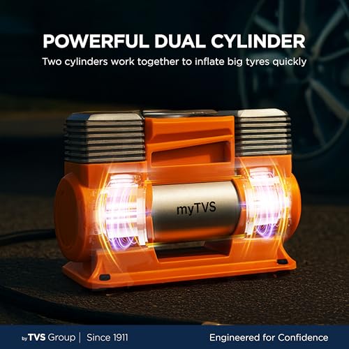 Image of myTVS air Monster Heavy Duty Tyre Inflator for SUV /Sedan, 150 PSI Metal Body Fast Inflation Air Pump for Car tire with Dual Cylinder High-Performance Compressor with LED & 1+1 Year Warranty (TI-18)