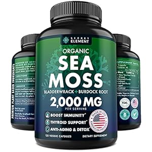 Organic Sea Moss Capsules – Burdock Root, Irish Moss and Bladderwrack Capsules – Immune System, Gut Cleanse & Thyroid Supplement – 120 Pills with All-Natural Sea Moss Powder