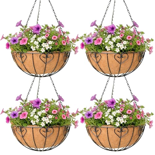4 Pack Hanging Planter for Outdoor Plants 16 inch Metal Hanging Flower Basket with Coco Coir Liner Round Wire Plant Holder Chain Flower Pots Outdoor Garden Decoration Watering Hanging BasketsAX