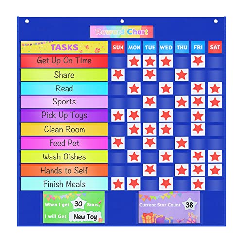 Reward Chart for Kids, Behavior Star Chore Chart for Toddlers at Home with Dry Erase Card- 33.5 X 39 inches, Behavior Chart for Kids Flexible Blue Pocket Chart for Teaches Responsibility