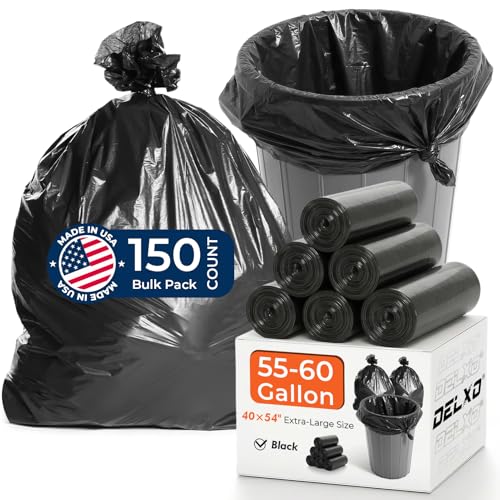 Delxo 55-60 Gallon Trash Bags 150 Count 4054 Large Black Garbage Bags Light-to-Medium Duty Star-Seal Can Liners for Commercial Lawn and Leaf Bags Bulk Value Pack Made in USA