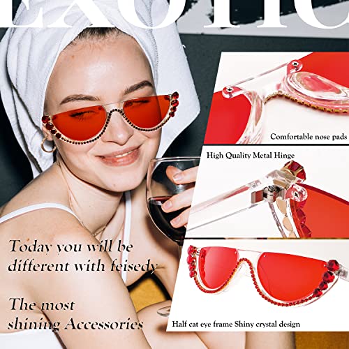 FEISEDY Women Crystal Cateye Sunglasses Half Frame Sparkling Trendy Retro Clout Goggles B29752