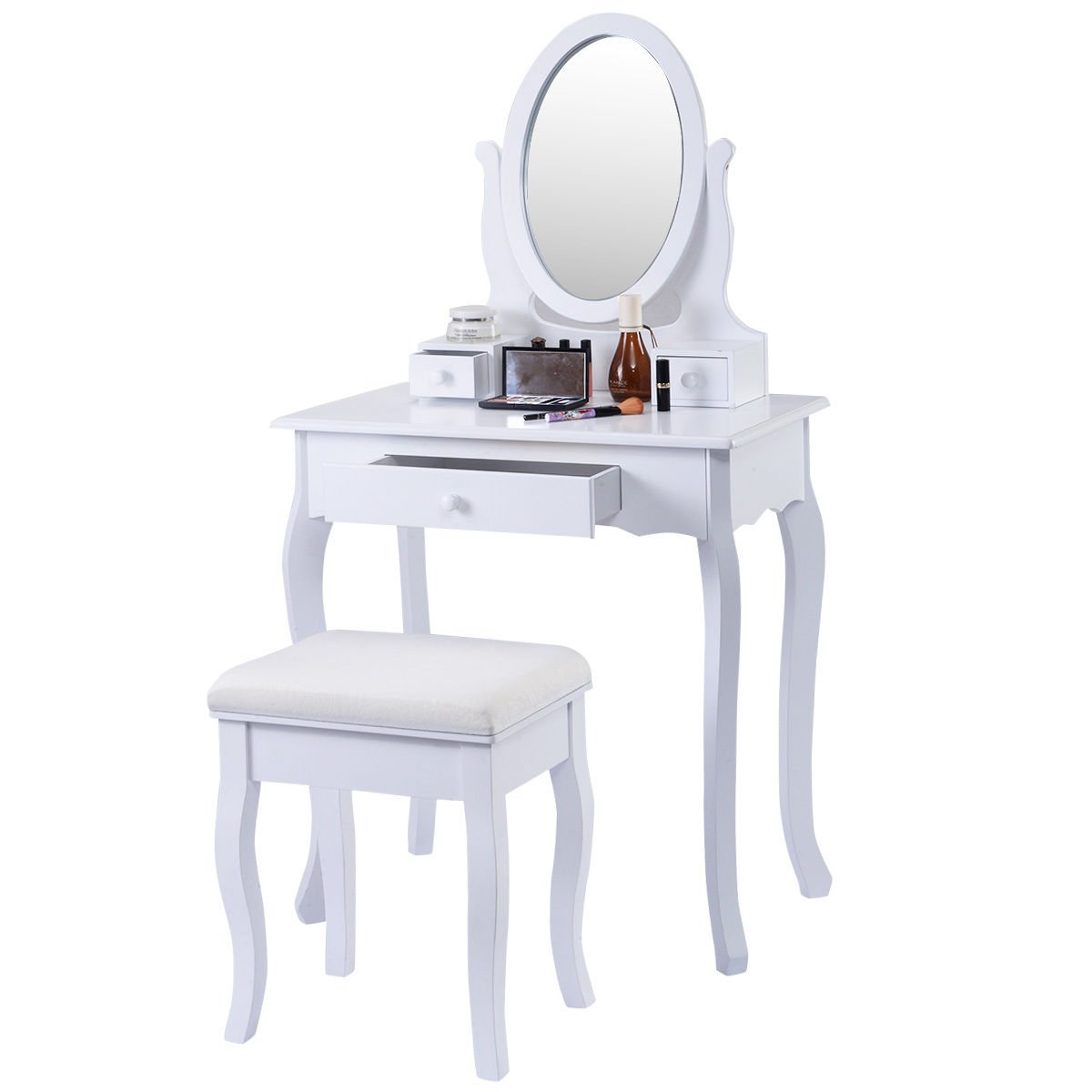 White Vanity Table Jewelry Makeup Desk Bench Dresser w/Stool 3 Drawers YRS 1227