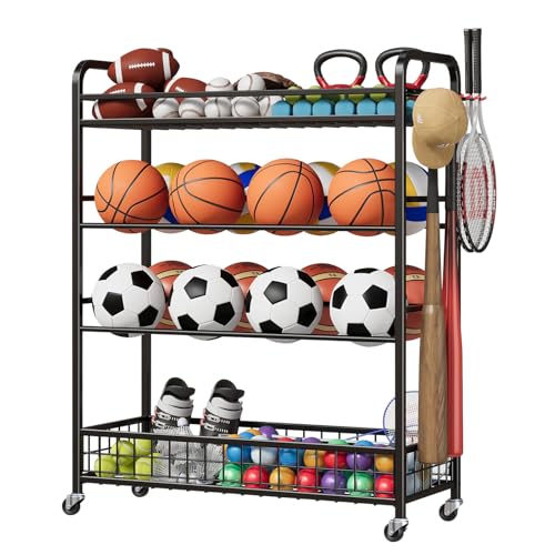 Garvee Basketball Rack, Rolling Basketball Training Stand, Sports Equipment Storage with Wheels, Four-Layer Organizer Holder with Two Basket for Baske