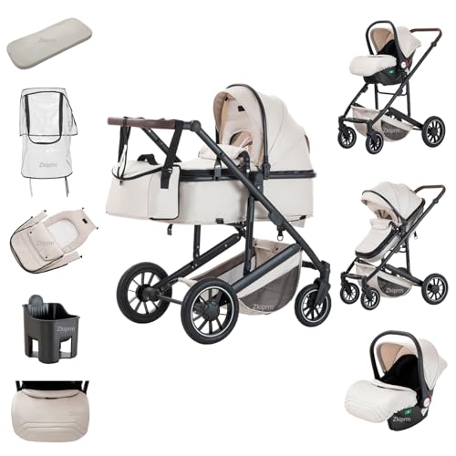 Zkiprm Cochecito 3 en 1 con asiento de coche portátil compacto y absorbente de golpes, chasis de aleación de aluminio, cochecito de ciudad de alto perfil (blanco)