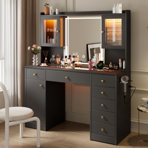 Image of iPormis Vanity Desk with Mirror and Lights, Glass Top Makeup Vanity with RGB Light and Power Outlet, Dressing Table Mirror with 3 Lighting Colors, 7 Drawers, 3 Cabinets, Black Vanity for Bedroom