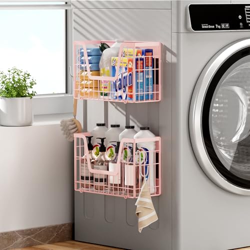 Image of Pink Magnetic Shelf for Fridge, 2 Set Magnetic Fruit Baskets for Refrigerator Magnet Shelves, Potato and Onion Storage Bins, Magnet Holder Wire Basket for Laundry Room Pantry Kitchen Organizer
